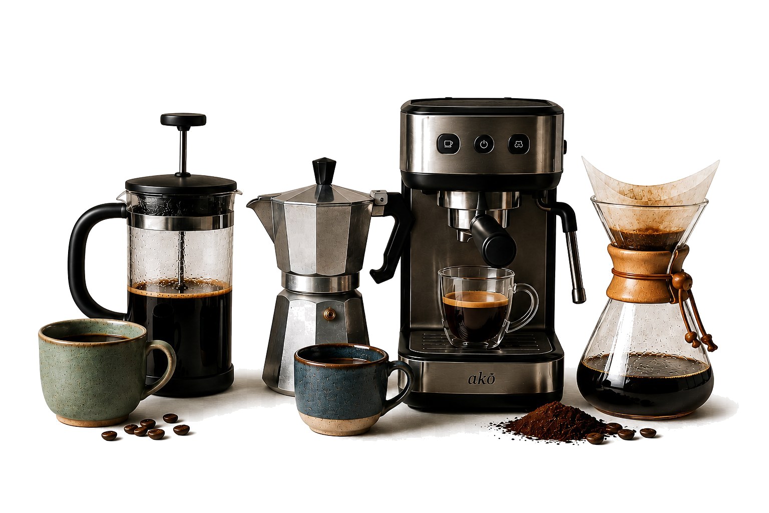 Cinq méthodes d'extraction alignées : French press, cafetière italienne Moka, machine espresso akō, Chemex, tasses en céramique et grains de café